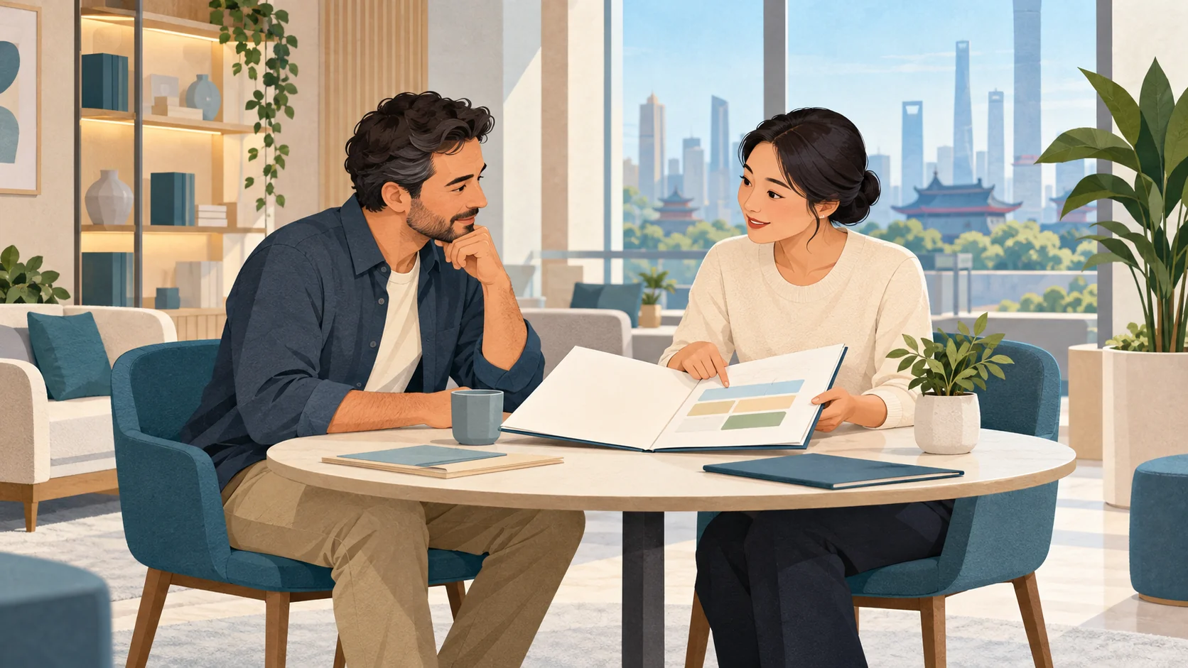 Illustration of a patient and hospital coordinator reviewing documents together