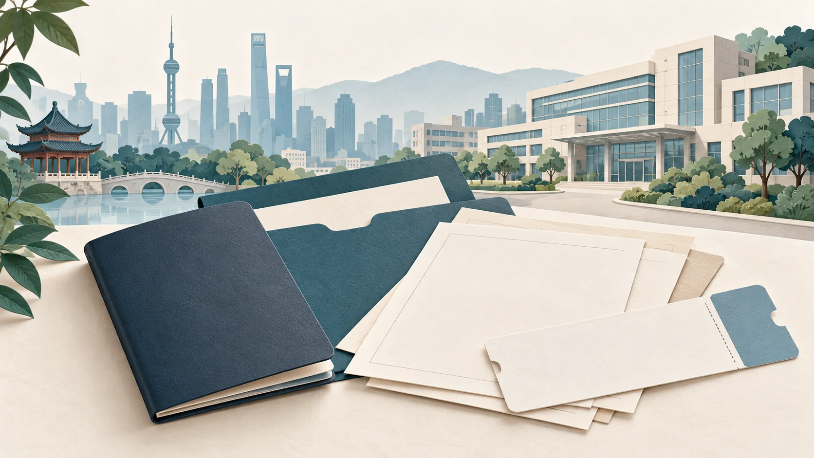 Illustration of travel documents and hospital paperwork for a medical trip to China