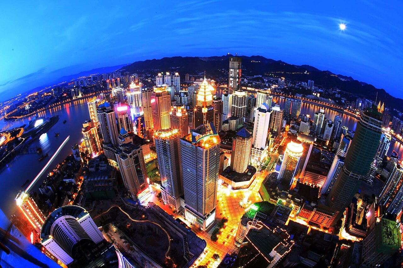 Chongqing Yuzhong skyline lit up at night
