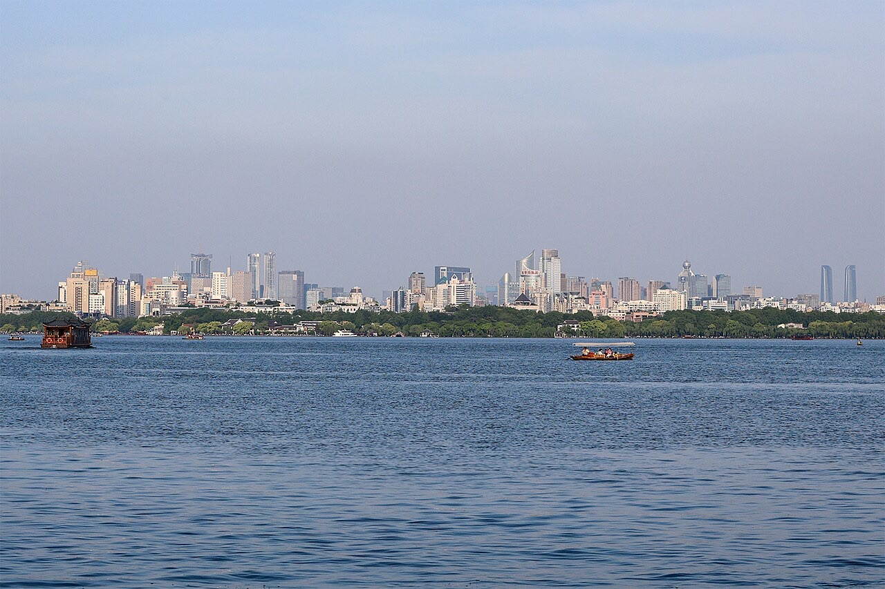 West Lake with the Hangzhou skyline in the background